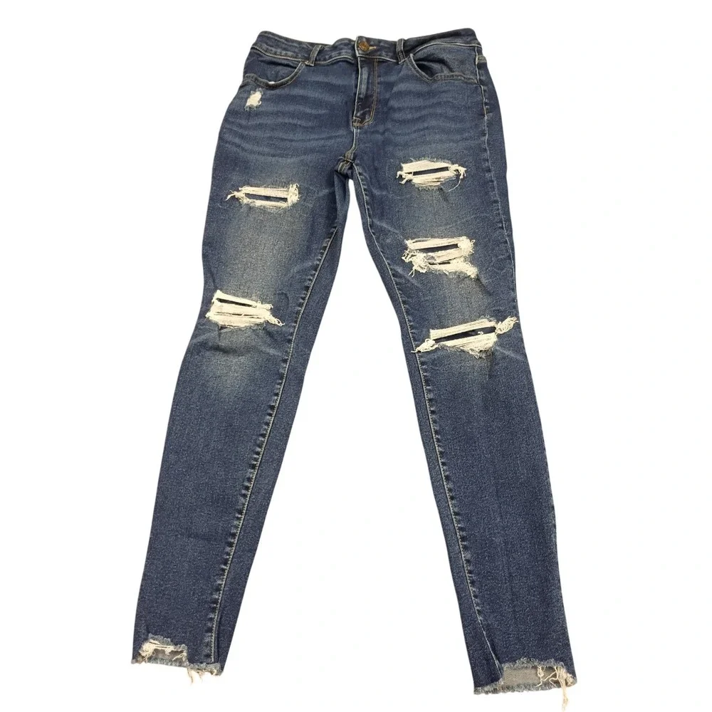 Maurices Skinny Jeans Womens L Blue High Rise Distressed Ripped Frayed Hem